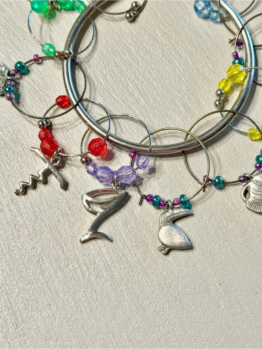 Vintage Wine Glass Charms Set with Multicolor Beads & 2 Wine Bottle Toppers